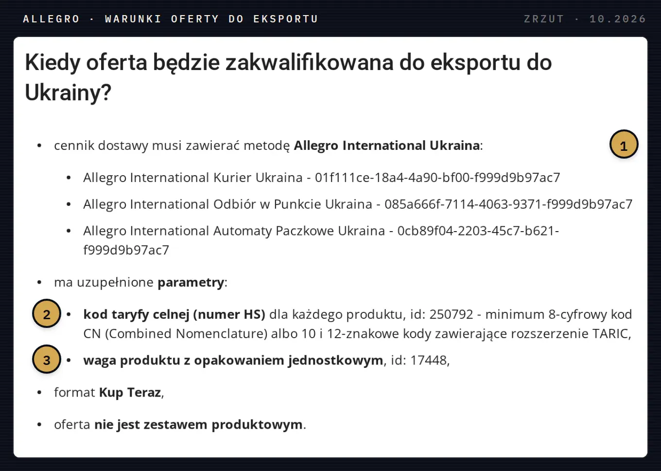 Warunki oferty do eksportu na Ukrainę w komunikacie Allegro dla integratorów: cennik dostawy z metodami Allegro International Ukraina, parametr kodu taryfy celnej o id 250792, parametr wagi z opakowaniem o id 17448, format Kup Teraz i oferta, która nie jest zestawem.