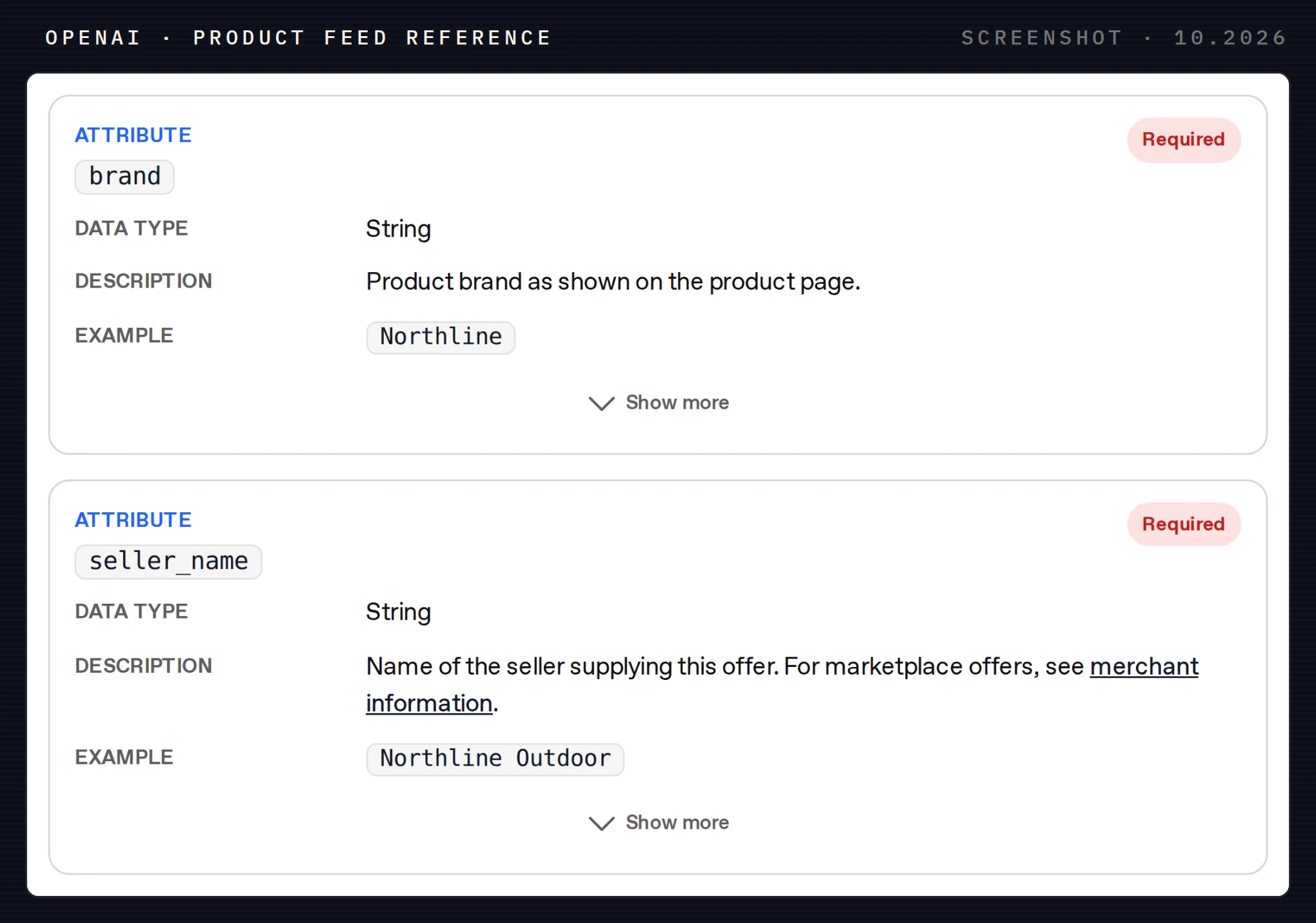 Two cards from OpenAI's product feed reference: brand and seller_name, both marked Required, with data type, description and an example value. Screenshot from October 2026.