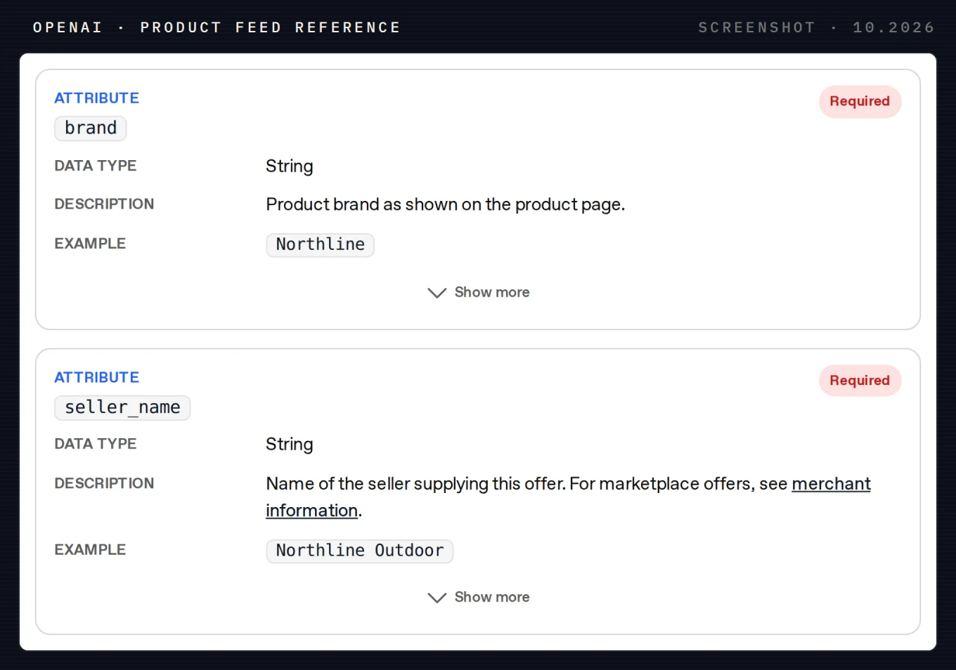 Two cards from OpenAI's product feed reference: brand and seller_name, both marked Required, with data type, description and an example value. Screenshot from October 2026.