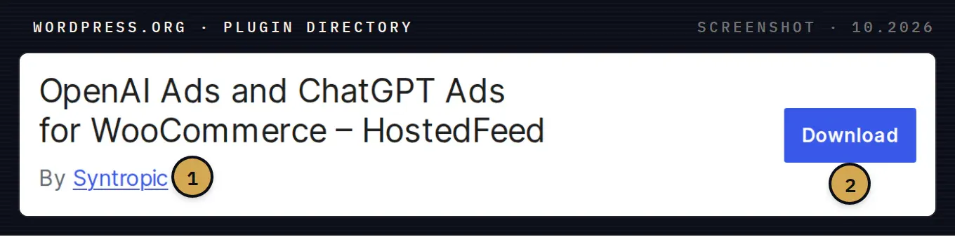 Header of the plugin page in the WordPress.org directory: the title OpenAI Ads and ChatGPT Ads for WooCommerce, HostedFeed, the author line By Syntropic and a Download button.
