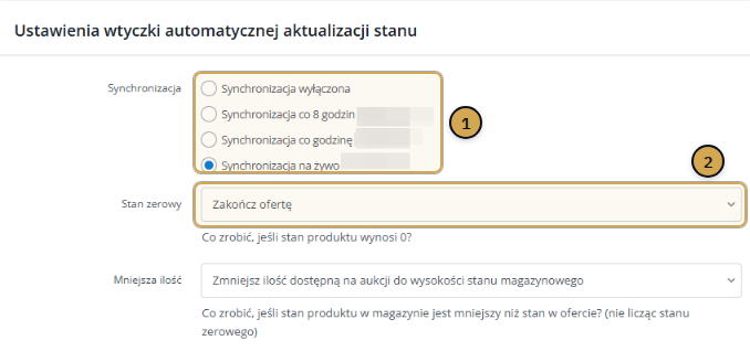 Zakładka Stany w ustawieniach integracji InPost Von Halsky w Base: synchronizacja wyłączona, co 8 godzin, co godzinę albo na żywo (zaznaczona), pole Stan zerowy z opcją Zakończ ofertę oraz pole Mniejsza ilość.